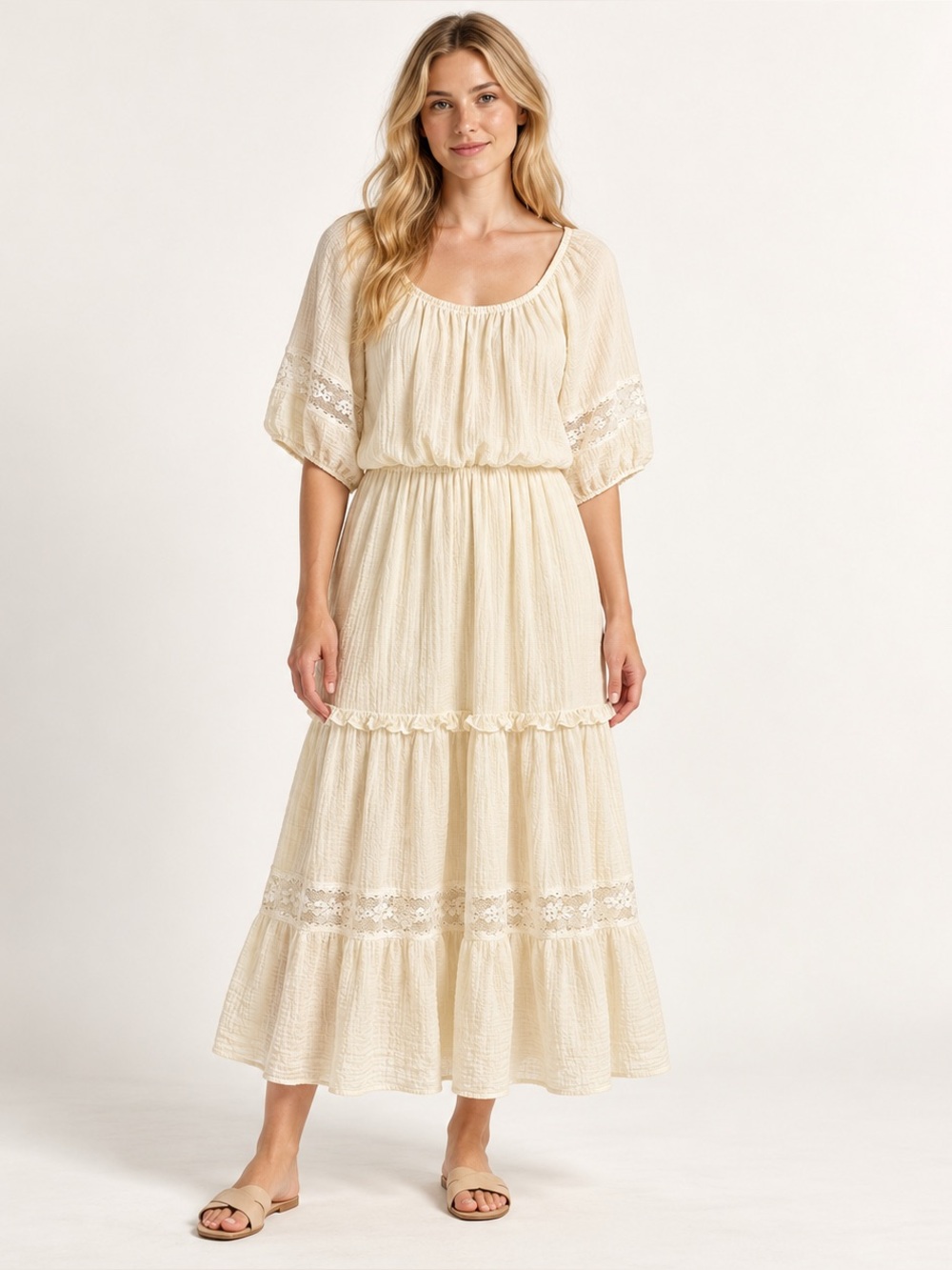 Vintage Roberta Ivory Lace Tiered Boho Prairie Maxi Dress 11/12